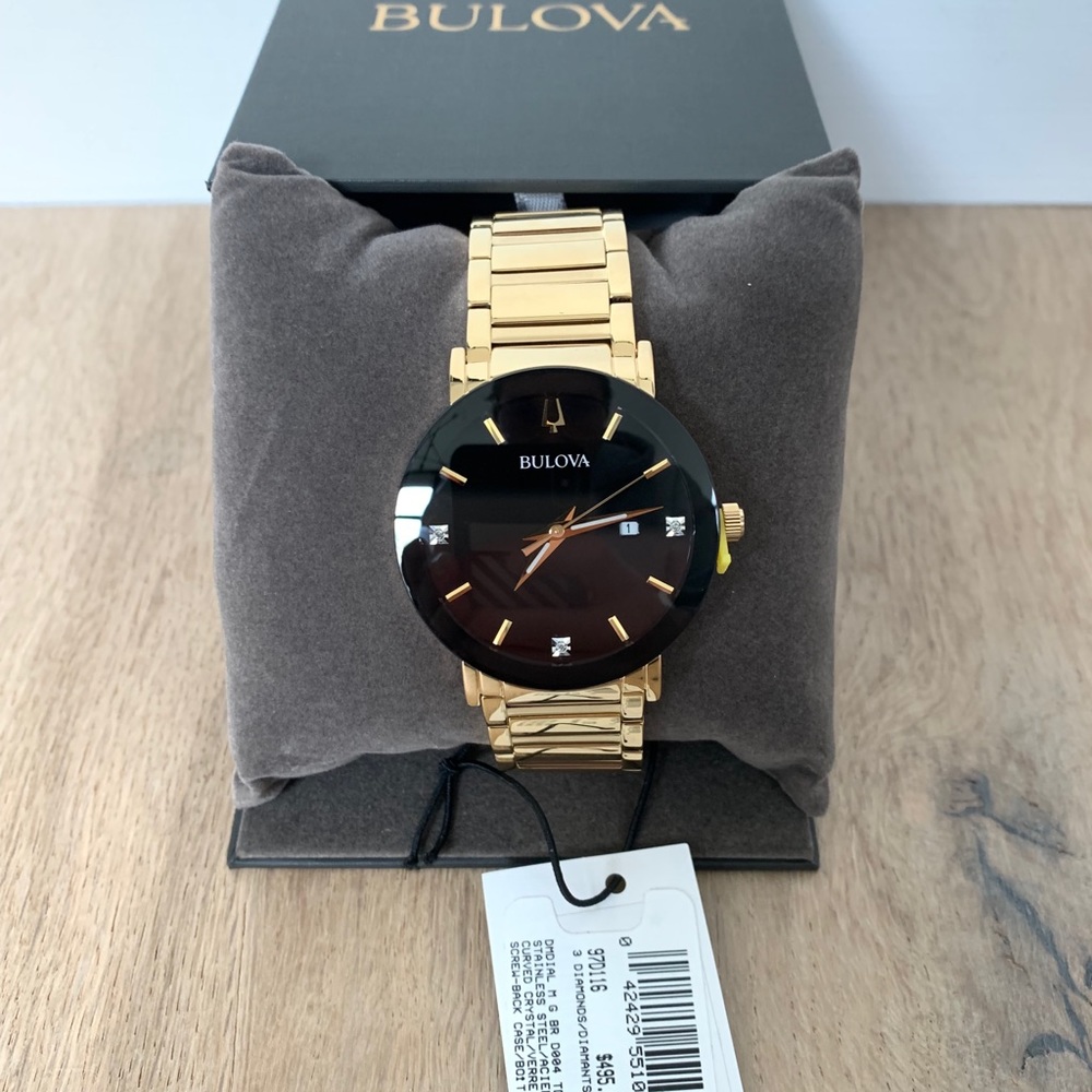 NEW Bulova Futuro Mens Gold Tone Diamond and Black Dial Watch 97D116